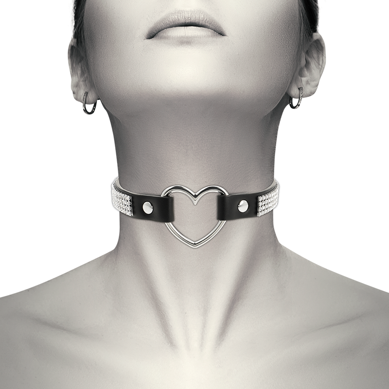 Collare BDSM Donna in Pelle Vegana con Cuore e Strass - Nero Regolabile
