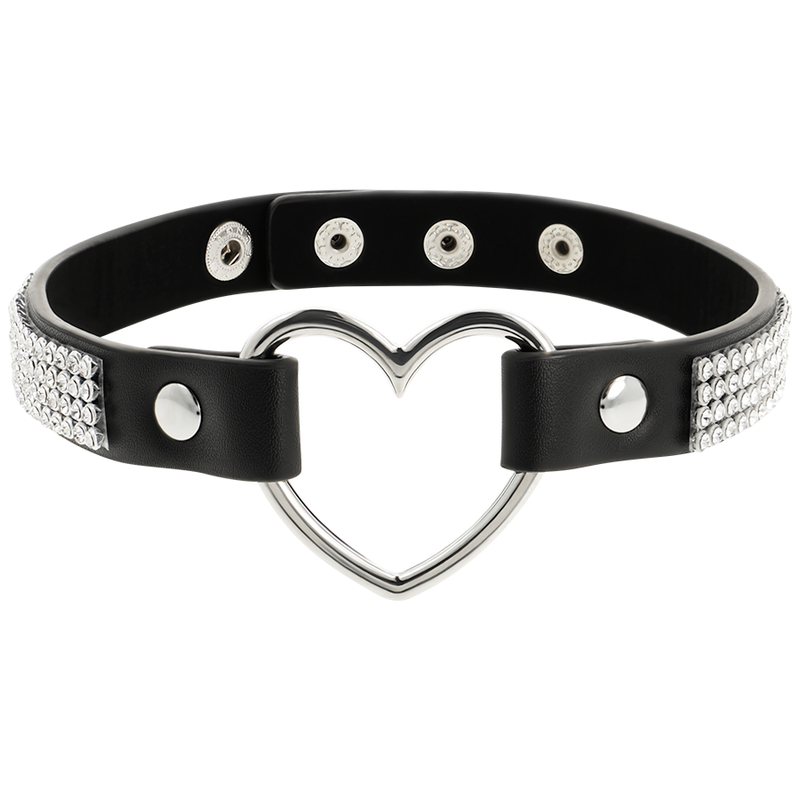 Collare BDSM Donna in Pelle Vegana con Cuore e Strass - Nero Regolabile