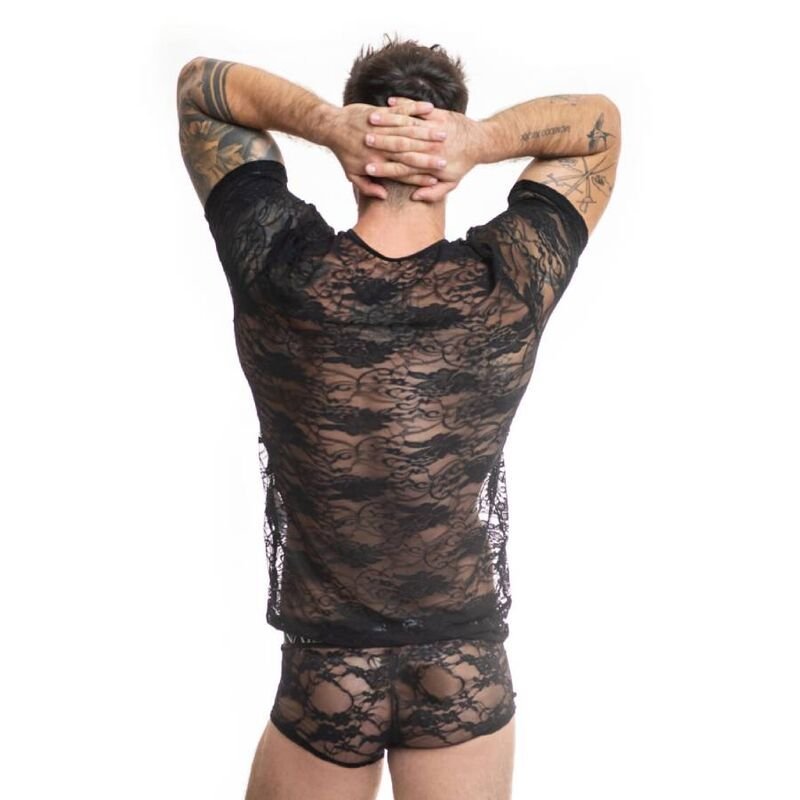 T-Shirt Uomo Romance con Pizzo Nero e Stampa Floreale Elegante