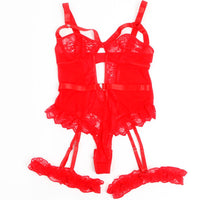 Thumbnail for Body sexy in pizzo rosso con giarrettiera e anelli per gambe