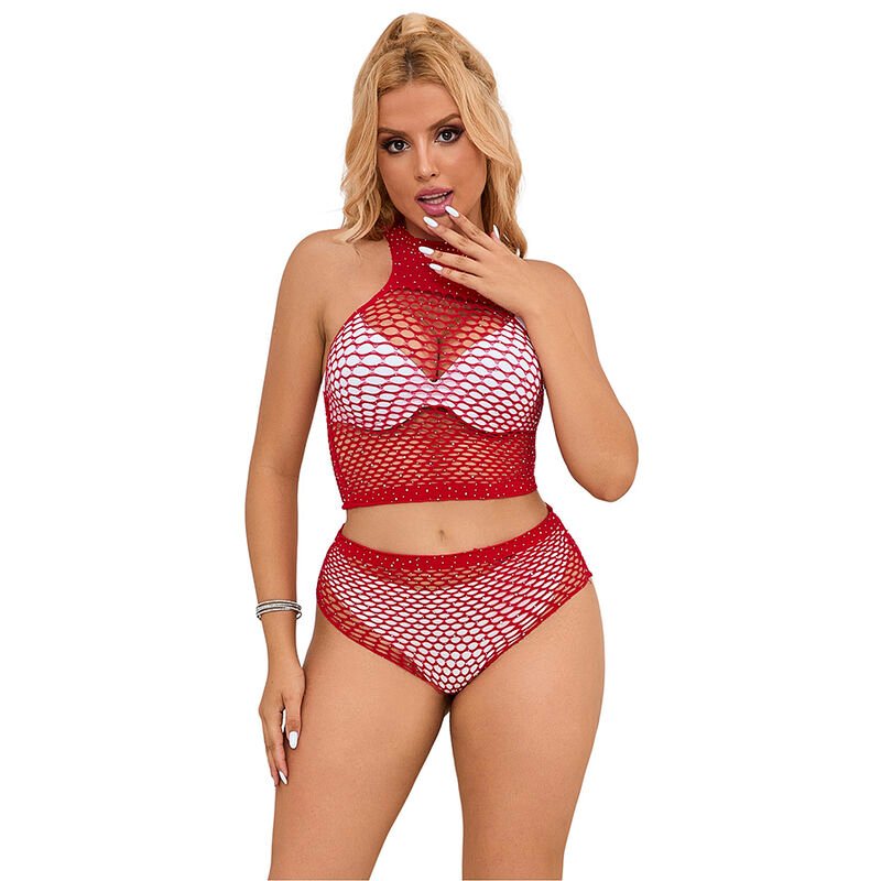 Lingerie Seducente in Rete con Strass Rosso Brillante Per Donna