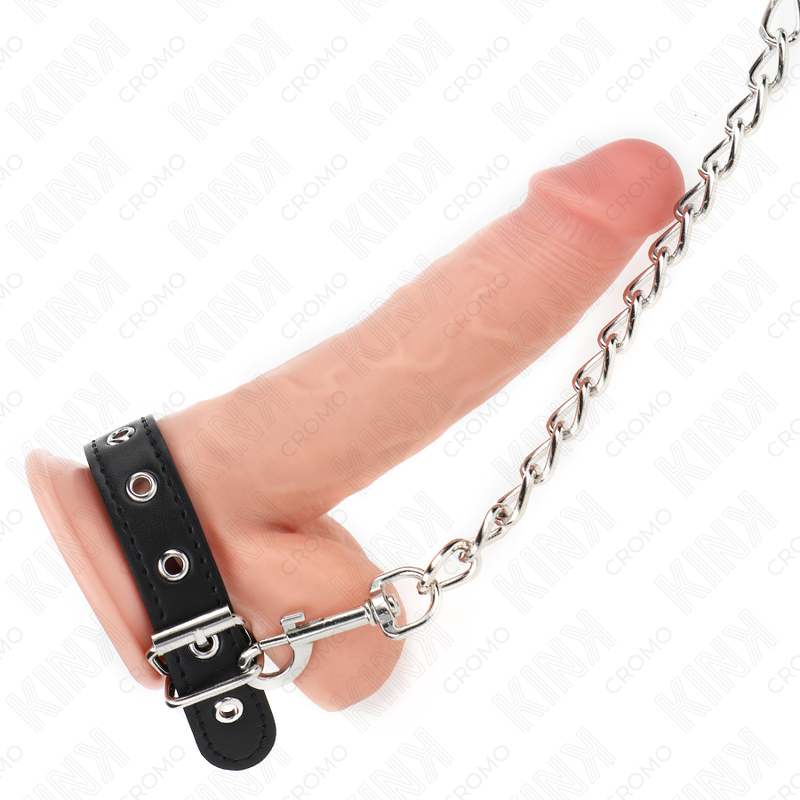 Anello pene in pelle con cinghia e catena in metallo 60 cm per BDSM