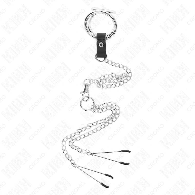 Anello pene in metallo cromato triplo con catena e clip capezzoli