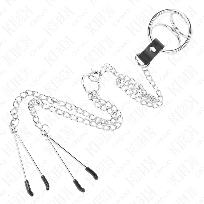 Anello pene in metallo cromato triplo con catena e clip capezzoli