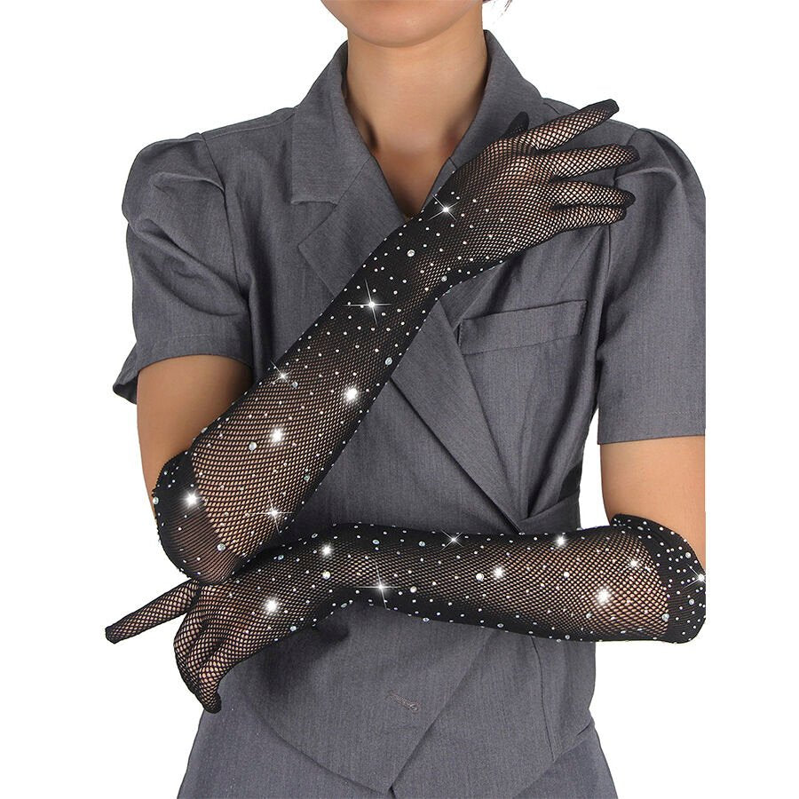 Guanti neri glitter con diamanti di lusso per serate eleganti