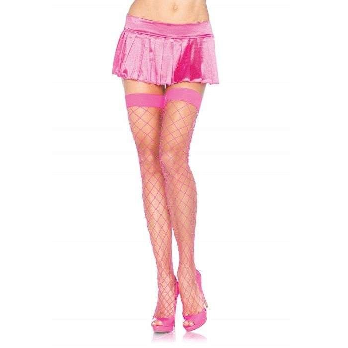 Calze a Rete Rosa Fluo con Bande Eleganti per Giarrettiera