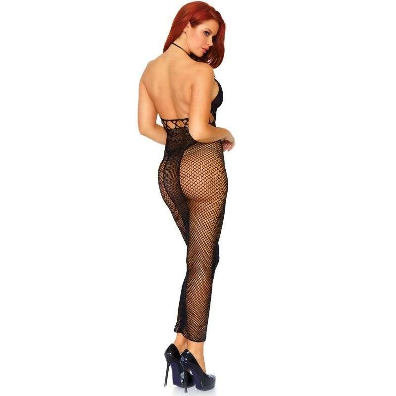Abito lungo in rete nero con schiena scoperta Leg Avenue