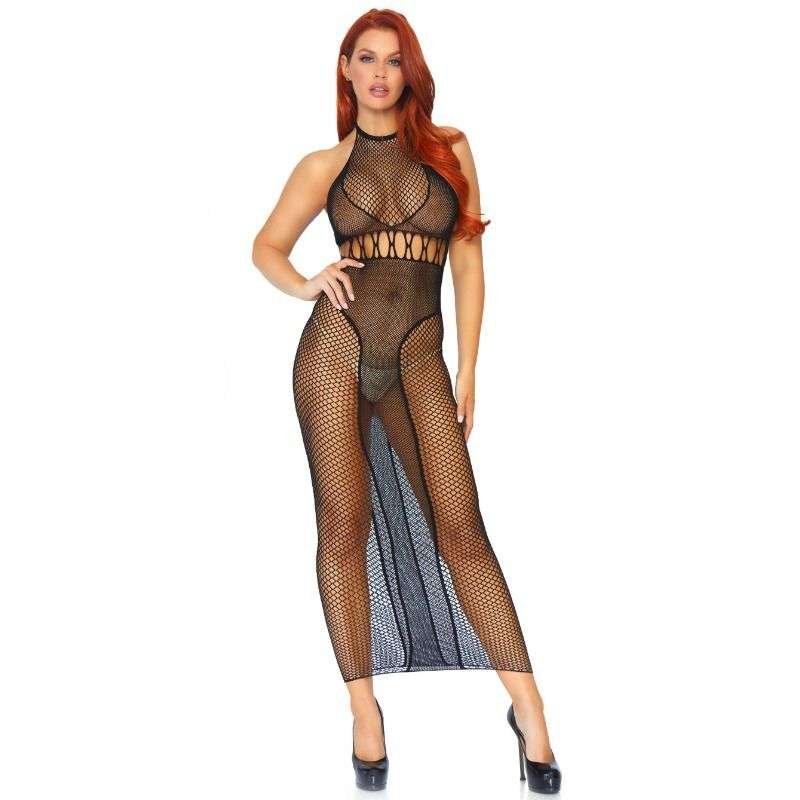 Abito lungo in rete nero con schiena scoperta Leg Avenue