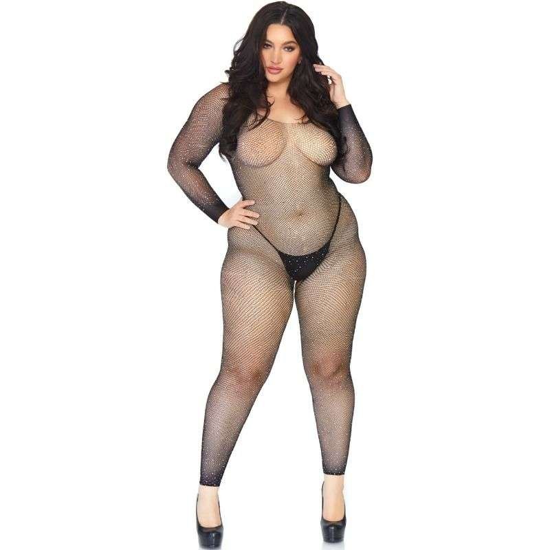 Bodystocking in Rete a Maniche Lunghe con Diamanti Leg Avenue Nera