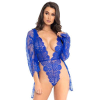 Thumbnail for Set Lingerie Floreale in Pizzo Blu con Vestaglia e Fiocco Raso